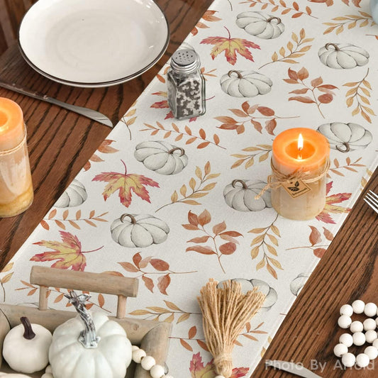 Fall Orange Pumpkins Maple Leaves, Seasonal Table Decoration