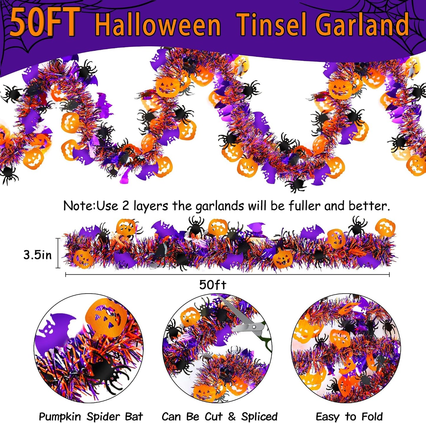 Halloween Tinsel Garland with Orange Pumpkin Black Spider Purple Bat | Halloween Decorations Shiny Metallic Twist Garland for Home Tree Indoor Outdoor Party Decorations