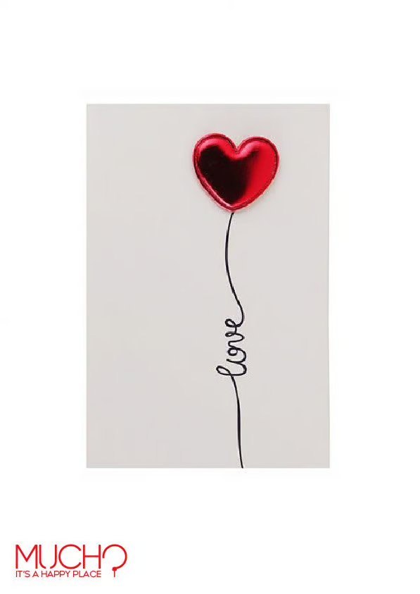 A greeting card with a red heart-shaped balloon and the word 'love' written in a curly script, predominantly in red and black colors.
