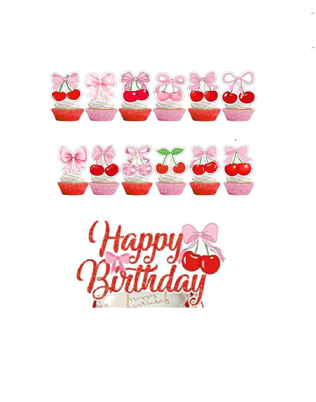 Cherry Bow Cake & Cupcake Toppers