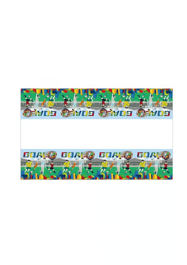A multicolored World cup table cover featuring an array of vibrant designs including sports motifs