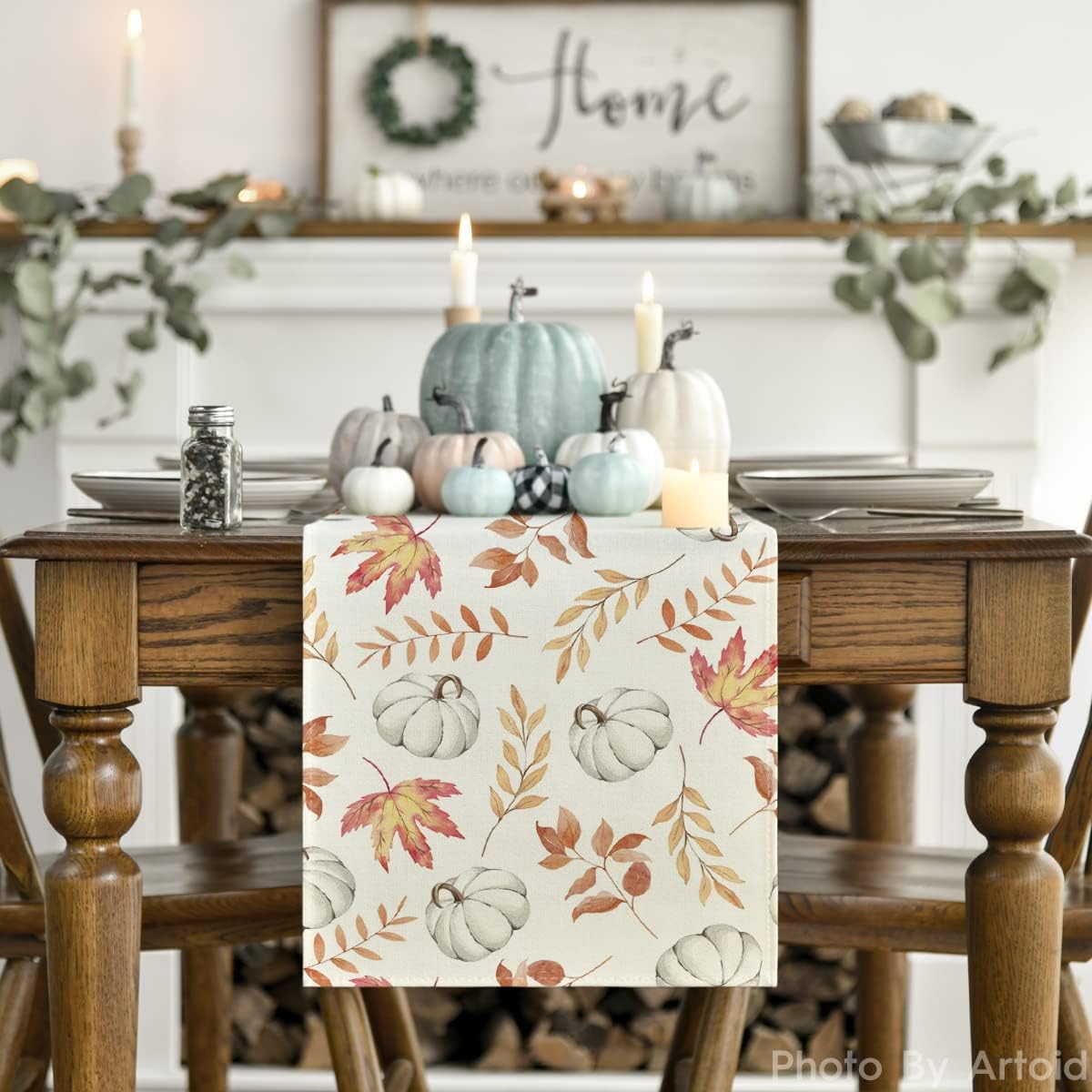 Fall Orange Pumpkins Maple Leaves, Seasonal Table Decoration
