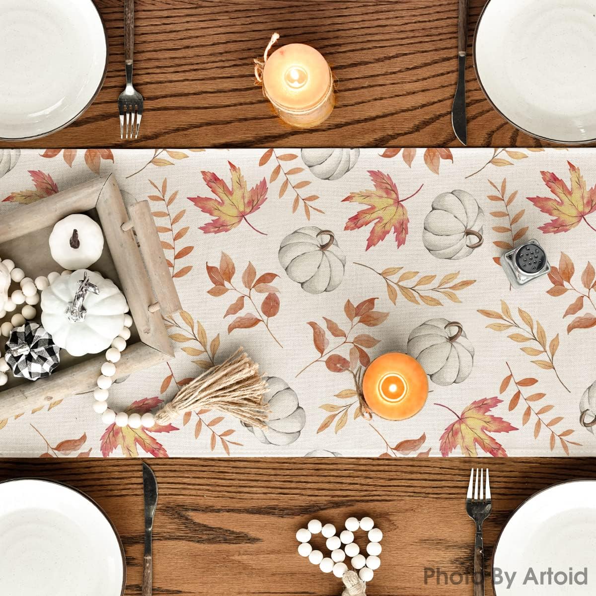 Fall Orange Pumpkins Maple Leaves, Seasonal Table Decoration