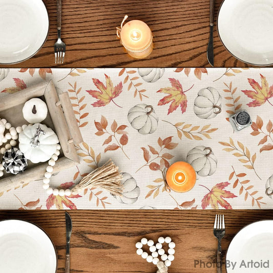 Fall Orange Pumpkins Maple Leaves, Seasonal Table Decoration