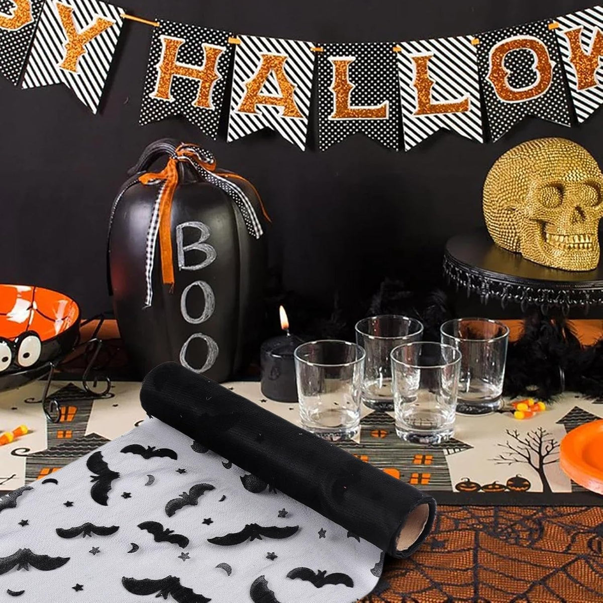 Halloween Bat Spiderwebs Rectangular Gauze Runner