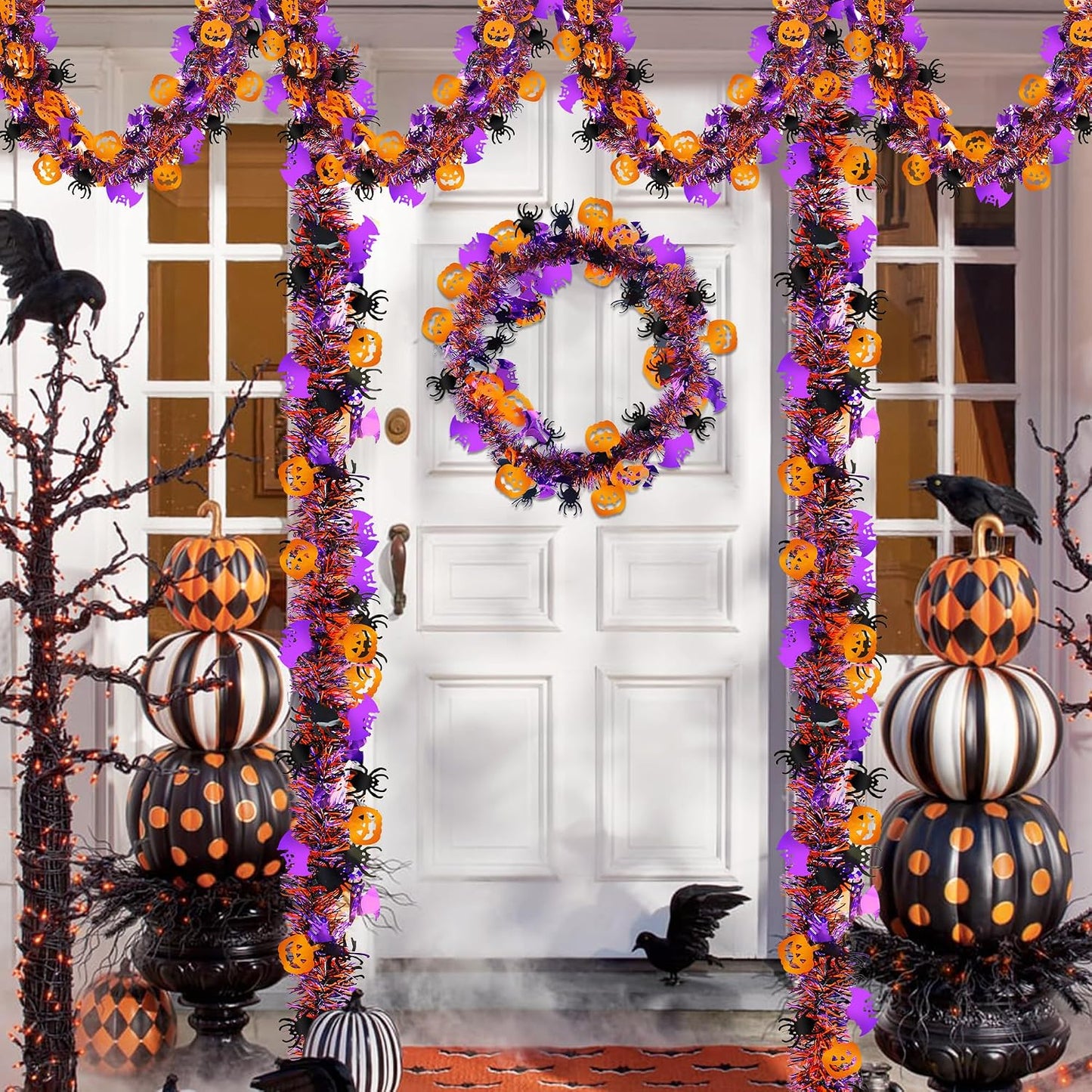 Halloween Tinsel Garland with Orange Pumpkin Black Spider Purple Bat | Halloween Decorations Shiny Metallic Twist Garland for Home Tree Indoor Outdoor Party Decorations
