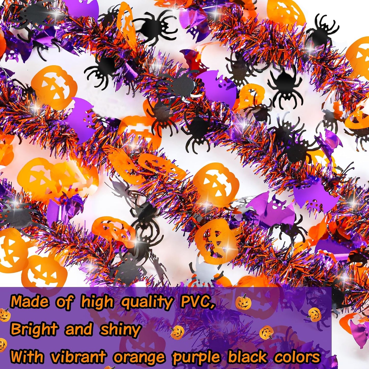 Halloween Tinsel Garland with Orange Pumpkin Black Spider Purple Bat | Halloween Decorations Shiny Metallic Twist Garland for Home Tree Indoor Outdoor Party Decorations