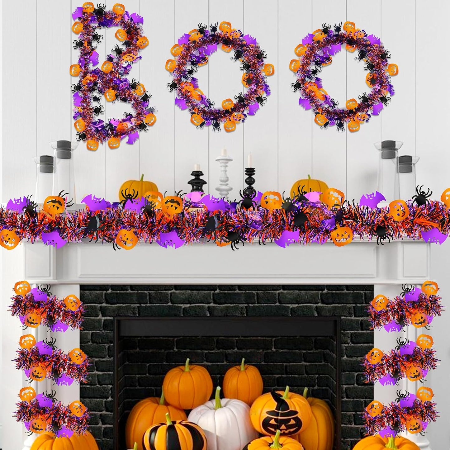 Halloween Tinsel Garland with Orange Pumpkin Black Spider Purple Bat | Halloween Decorations Shiny Metallic Twist Garland for Home Tree Indoor Outdoor Party Decorations