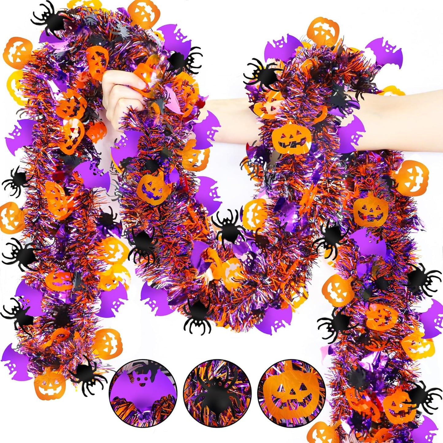Halloween Tinsel Garland with Orange Pumpkin Black Spider Purple Bat | Halloween Decorations Shiny Metallic Twist Garland for Home Tree Indoor Outdoor Party Decorations