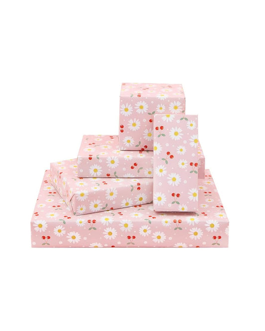 White and Yellow Daisy Floral With Red Cherries On Pink Gift Wrapping Paper
