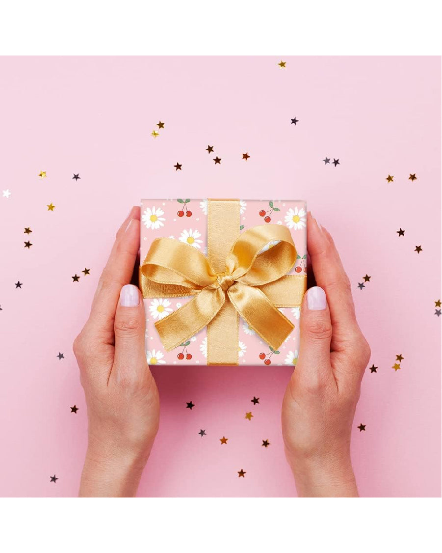 White and Yellow Daisy Floral With Red Cherries On Pink Gift Wrapping Paper