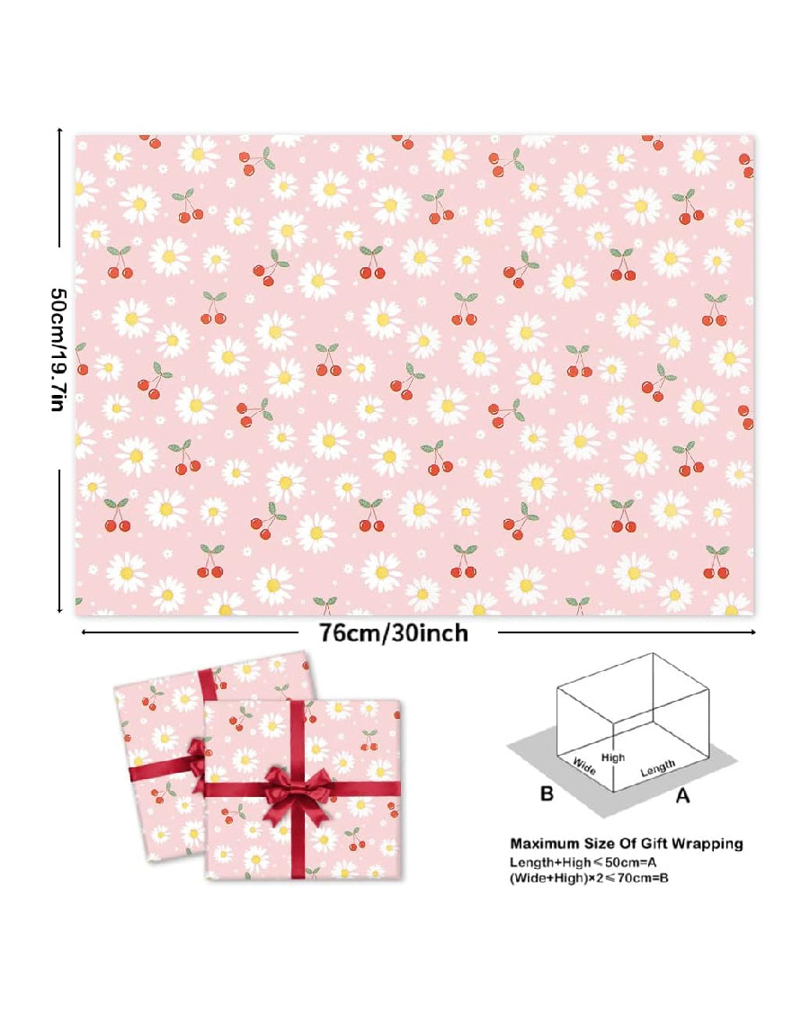 White and Yellow Daisy Floral With Red Cherries On Pink Gift Wrapping Paper