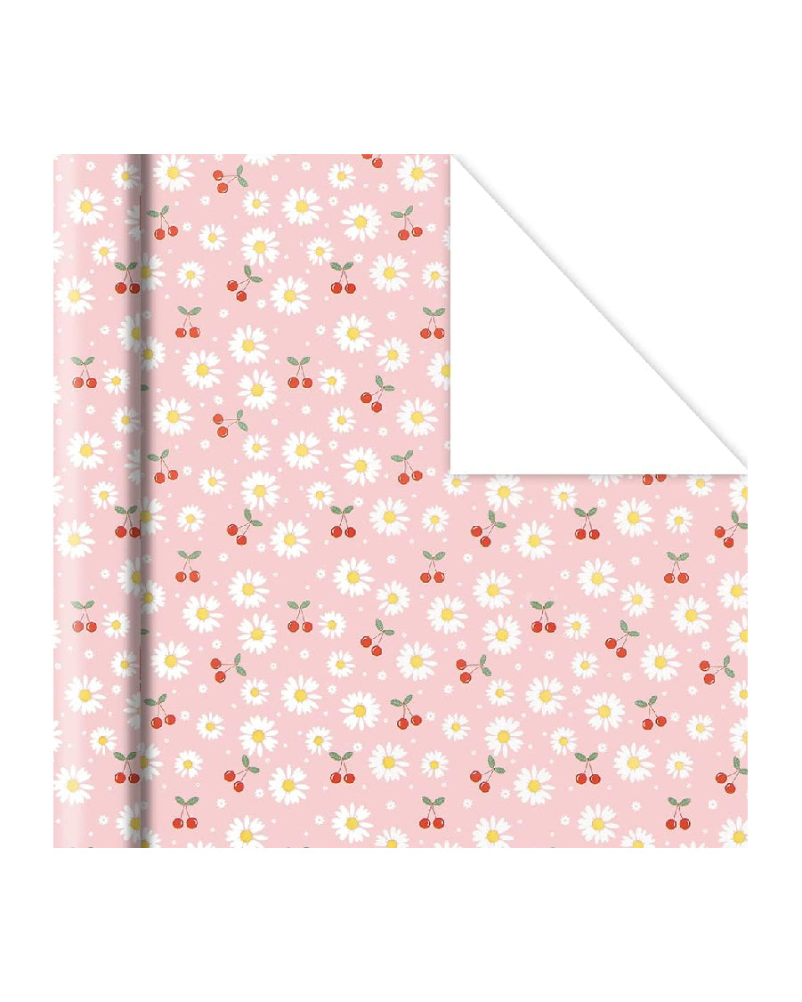 White and Yellow Daisy Floral With Red Cherries On Pink Gift Wrapping Paper