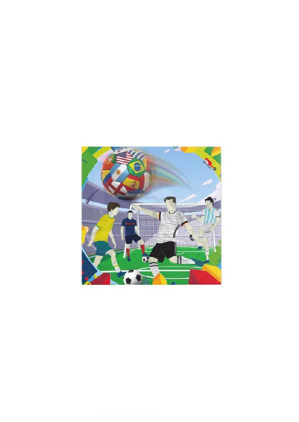 A pack of multicolored paper napkins featuring an illustration of soccer players and a soccer ball