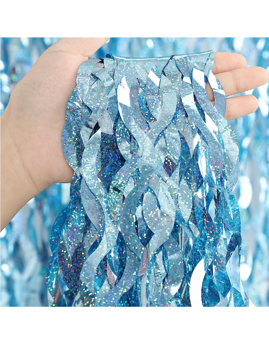 Light Blue Wavy Tinsel Foil Fringe Curtains Backdrop