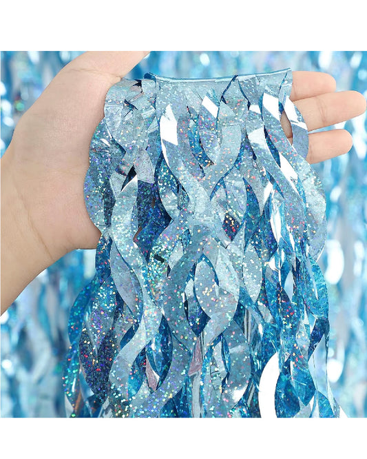 Light Blue Wavy Tinsel Foil Fringe Curtains Backdrop