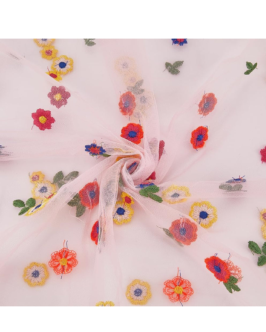 Daisy Embroidery Pink Tulle Runner