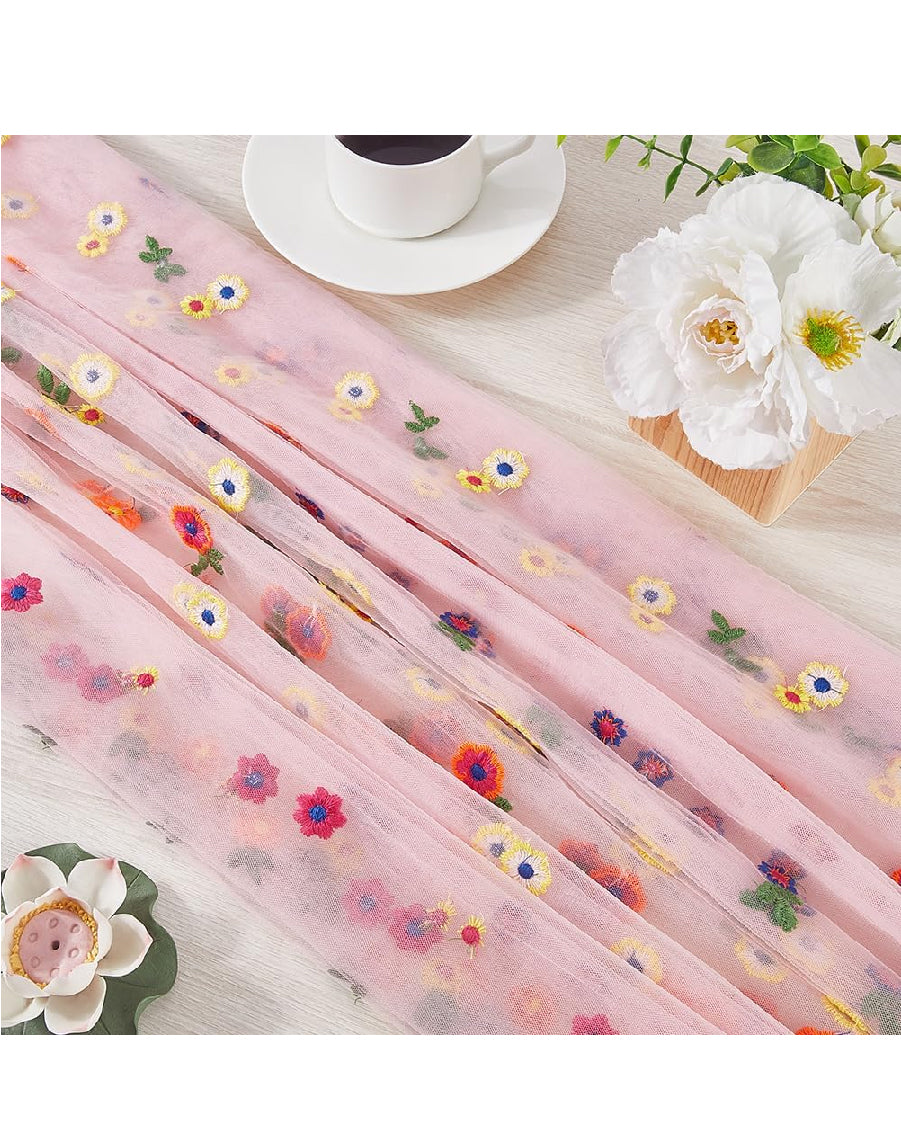 Daisy Embroidery Pink Tulle Runner