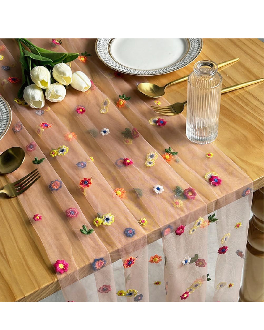 Daisy Embroidery Pink Tulle Runner