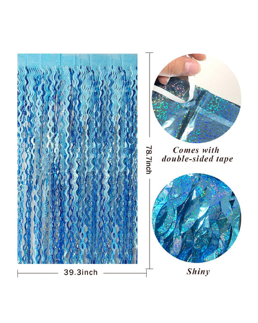 Light Blue Wavy Tinsel Foil Fringe Curtains Backdrop
