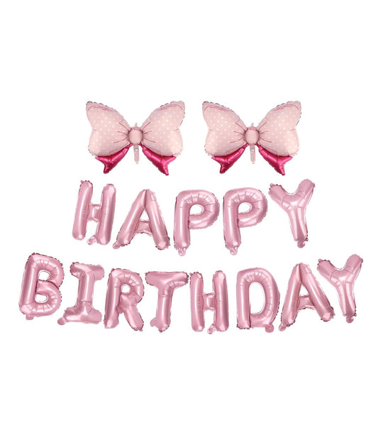 Pink Happy Birthday & Bow Balloons Set